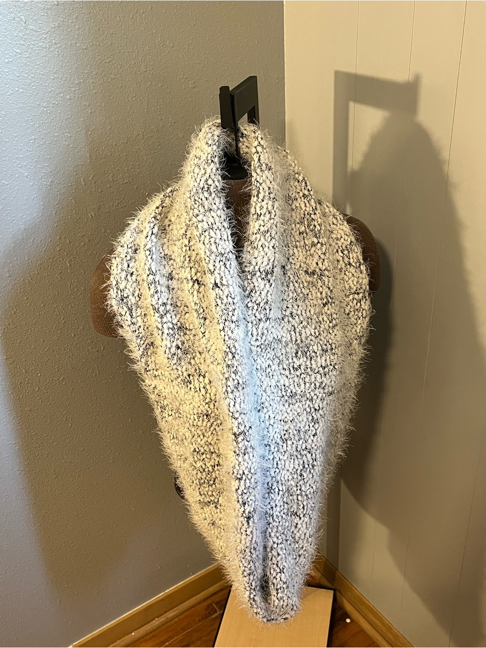 Calvin Klein White and Black Fuzzy Infinity Scarf